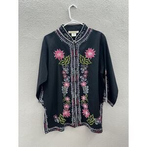 International Apparel Mart Inc. Womens Blouse Size Large Black Flora Button Up